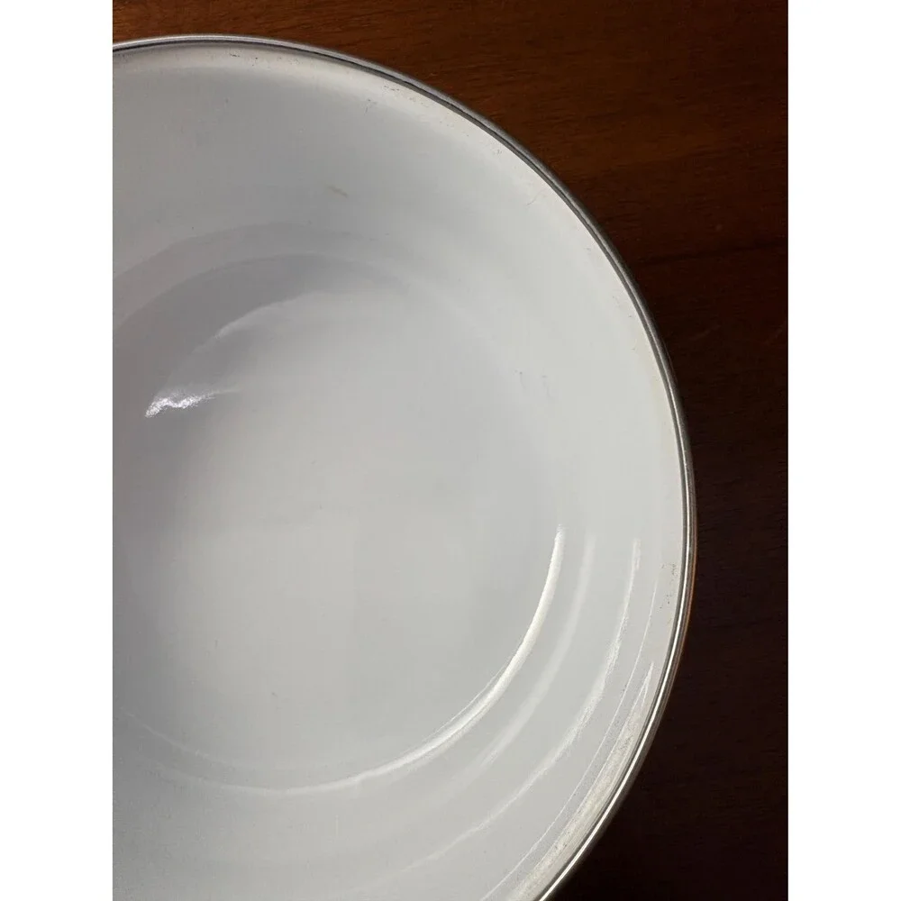 Vintage White Enamelware Nesting Bowls Blue Sponge Heart Pattern Country Cottage
